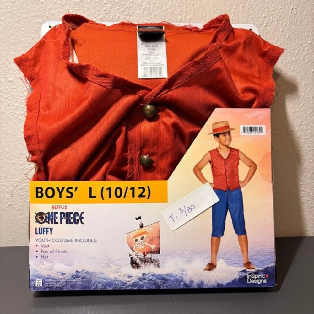 InSpirit Designs One Piece Luffy Costume Boys L 10/12 Red New 3pc Set Netflix